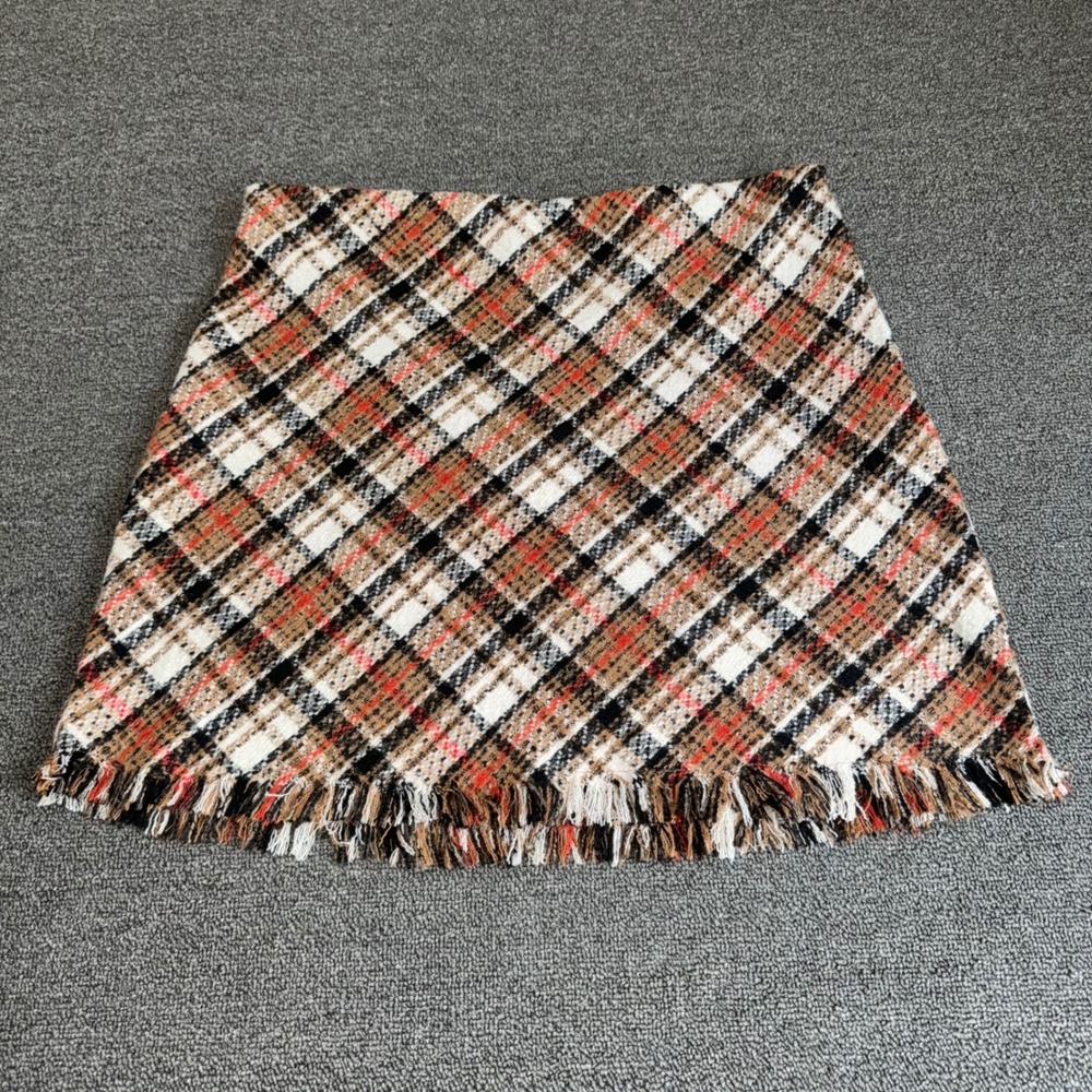 NWT Gilli Checkered Charm‎ Plaid Mini Skirt Orange Brown Tweed Fringe Large Boho